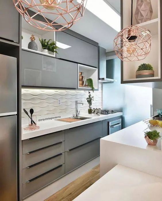 cozinha cinza - cozinha com armários de cor cinza 