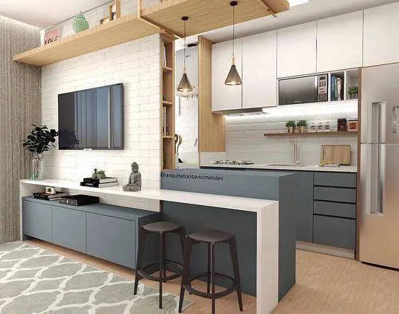cozinha cinza - cozinha ligada com sala de estar com móveis cinzas 