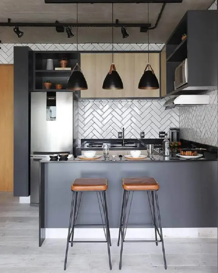 cozinha cinza decorada com lustre para cozinha moderna Foto Simples Decoração