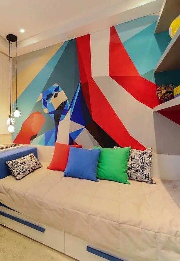 decoração com parede colorida para quarto de solteiro com pendente minimalista Foto Pinterest