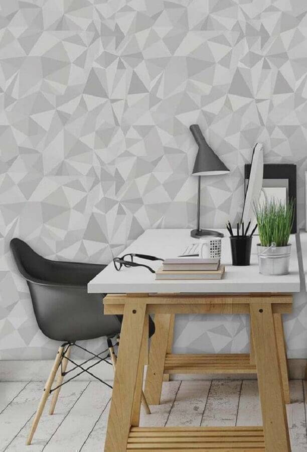 home office decorado com papel de parede cinza Foto Pinterest