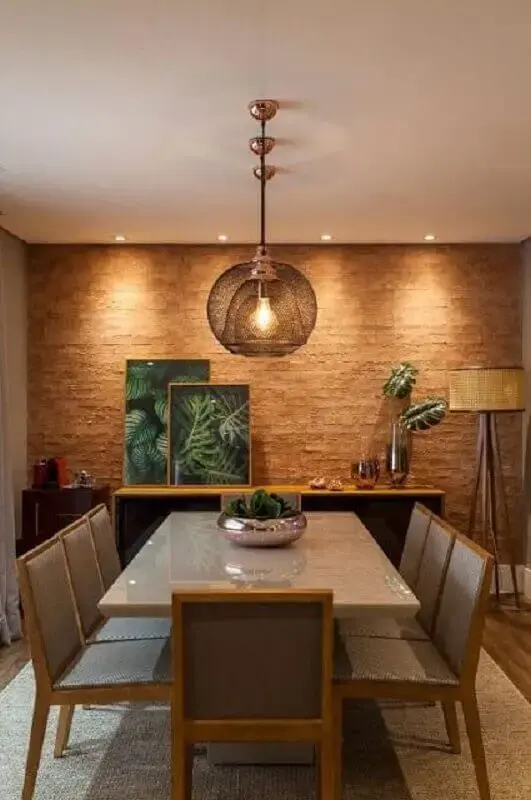 lustre moderno para sala de jantar com parede de tijolinho rústica Foto Pinterest