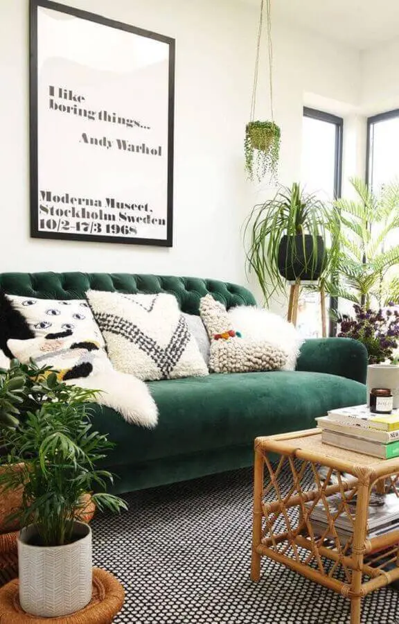 sofá verde para decoração de sala com vários vasos de plantas Foto Only Girl in the House