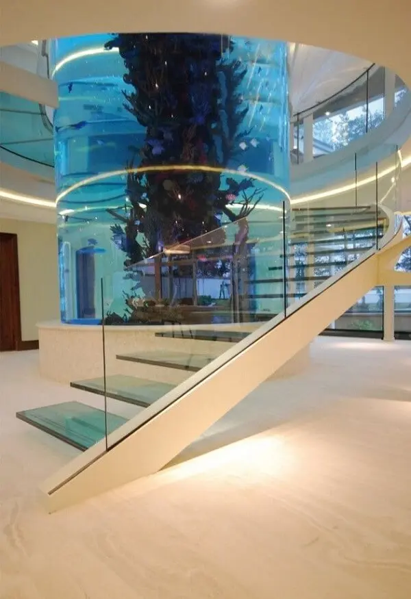 A escada de vidro segue o contorno do aquário central