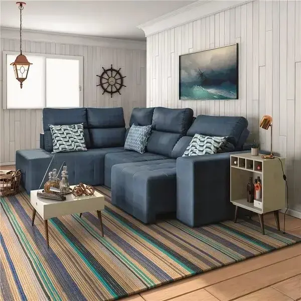 Sofá de canto retrátil azul para sala de estar compacta