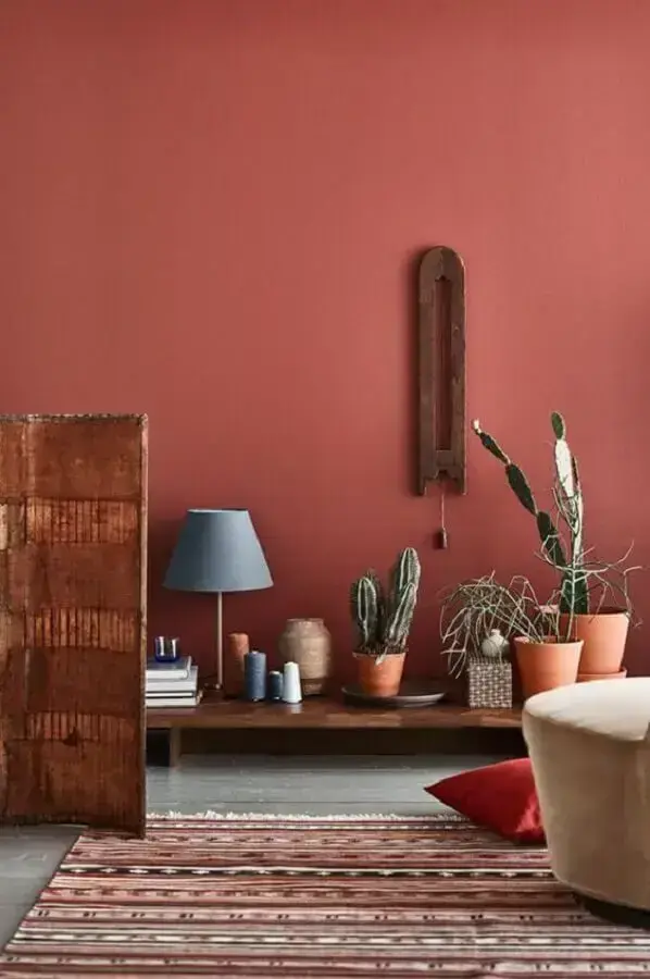 ambiente decorado com cor de parede terracota e vasos de cerâmica Foto Mil Ideas