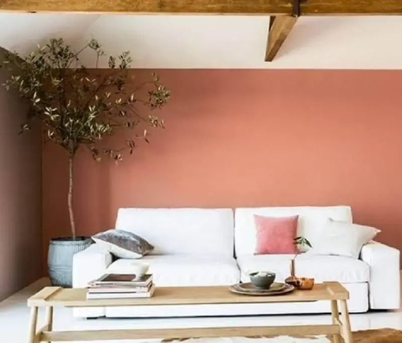 cor de parede terracota para decoração de sala de estar com sofá branco Foto Casa e Jardim