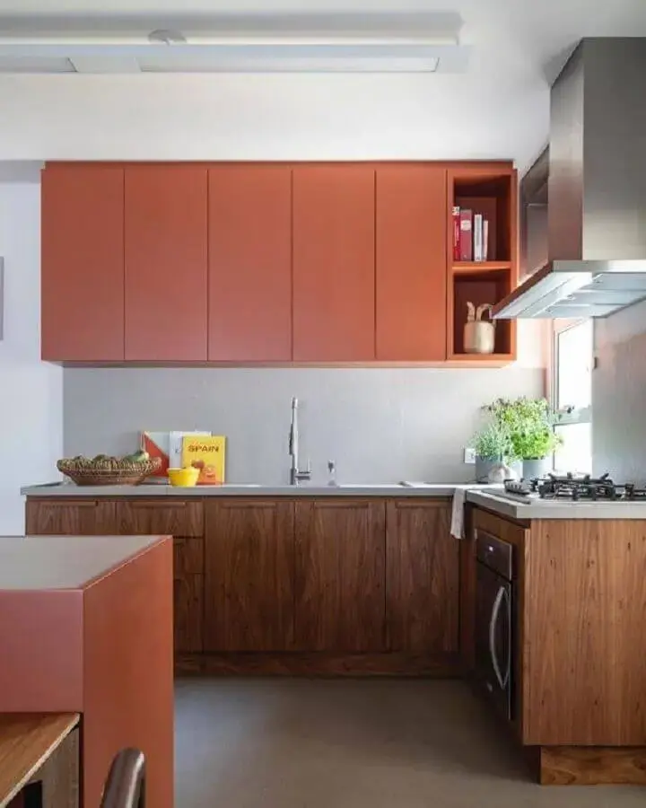 cozinha planejada com armários na cor terracota e madeira Foto Pinterest