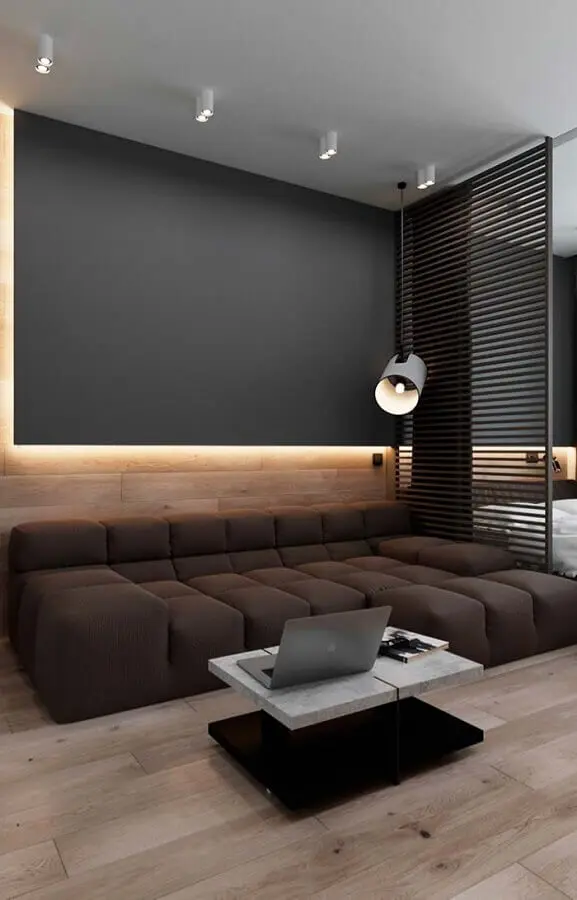 decoração contemporânea para sala com parede preta e sofá moderno Foto Pinterest