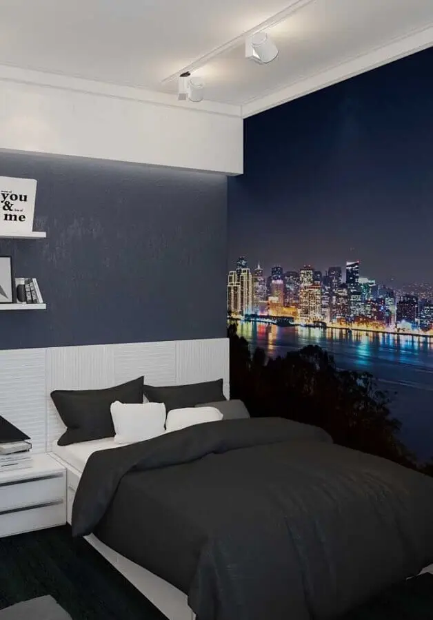 decoração de quarto juvenil masculino com papel de parede de cidade Foto Decor Ideas