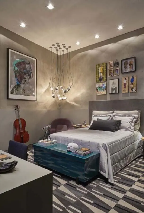 decoração de quarto juvenil moderno com parede de cimento queimado e pendente minimalista Foto Pinterest
