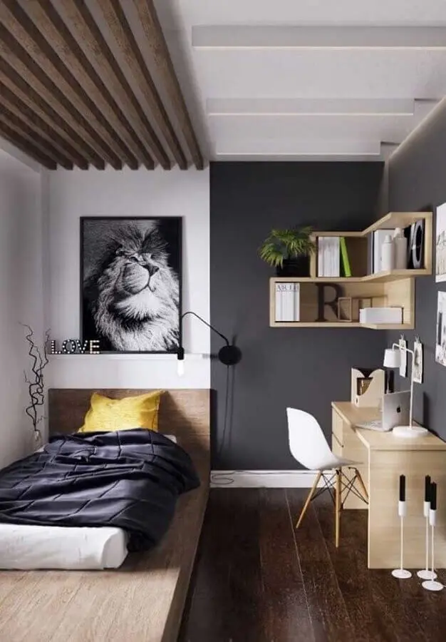 decoração simples para quarto juvenil masculino com parede cinza e nicho de madeira Foto Pinterest