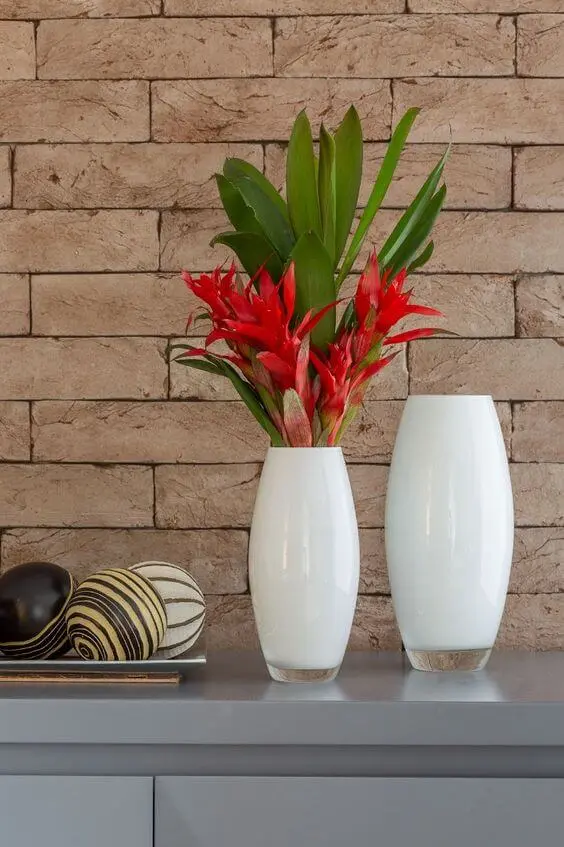 Plantas com flores vermelhas no vaso branco