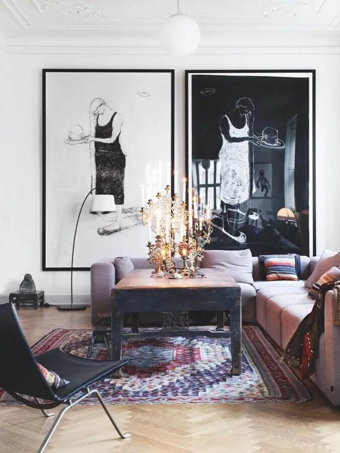 quadro preto e branco grande para sala com sofá de canto Foto VM Design