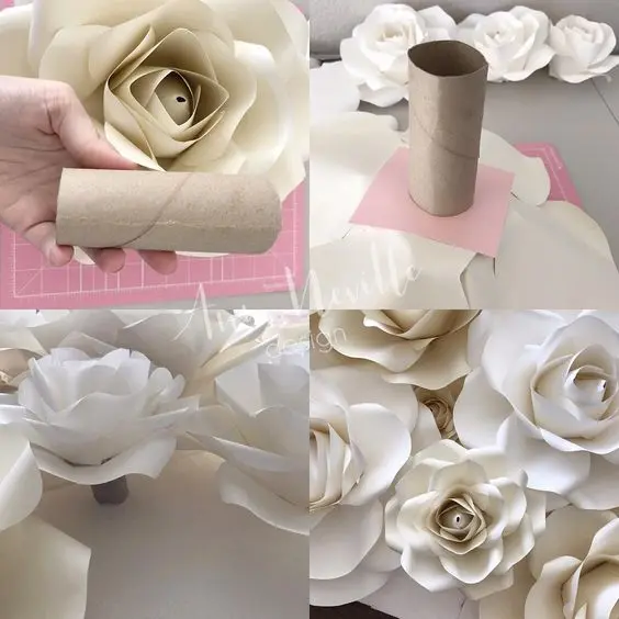 rosas de papel - rosas brancas com rolo de papel higiênico 