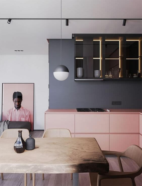 Armário de cozinha cinza e rosa