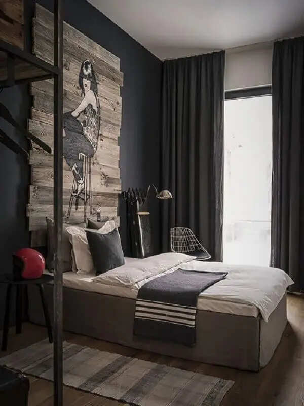 cor preta para decoração de quarto moderno com cabeceira de madeira Foto Archzine