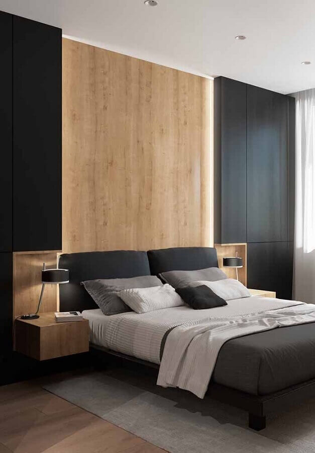 cor preta para quarto planejado com cabeceira de madeira Foto Pinterest