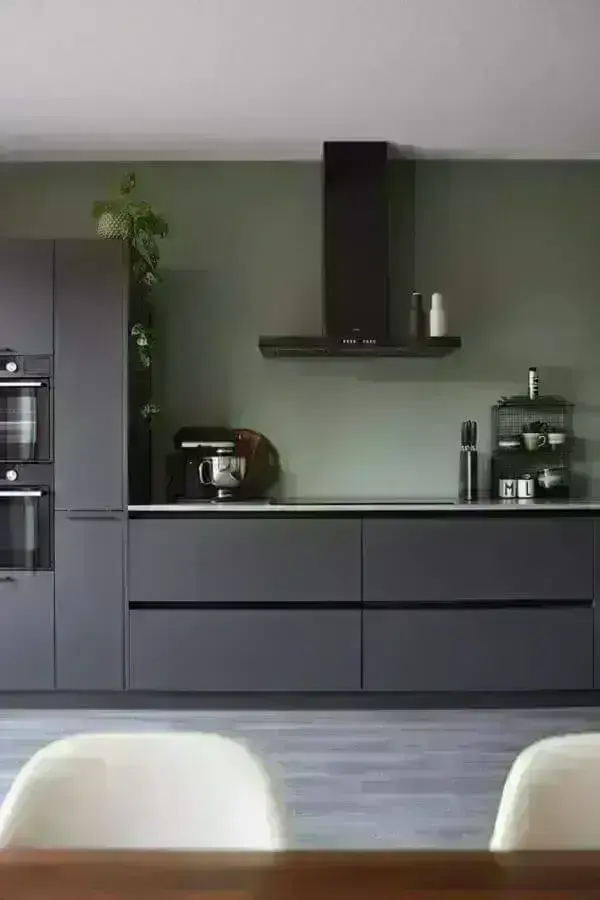 decoração moderna para cozinha com parede verde e armários cinza planejados Foto Pinterest