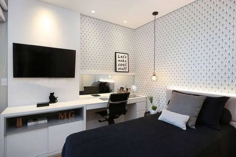 decoração moderna para quarto preto e branco com papel de parede Foto Blog Inove Papéis de Parede