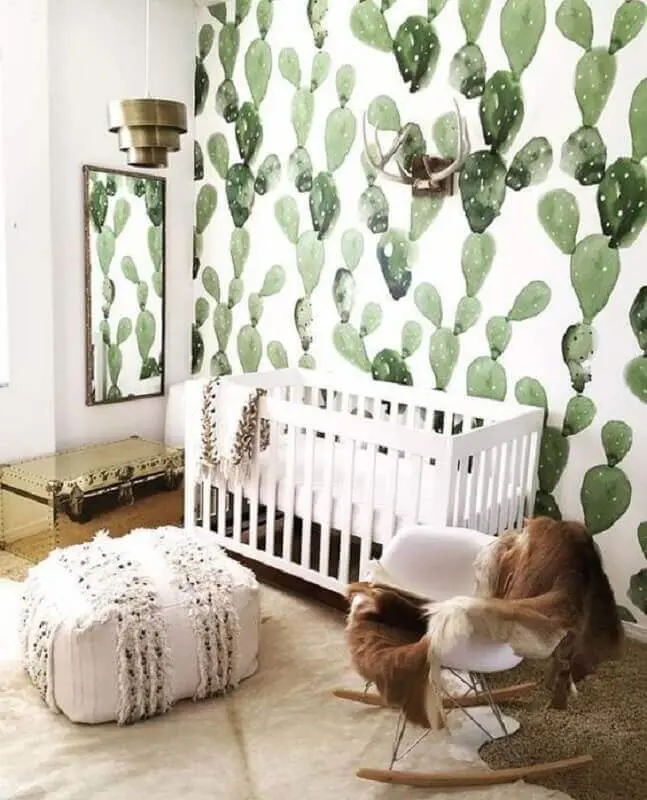 estampa de cactos para papel de parede para quarto de bebê branco Foto Pinterest