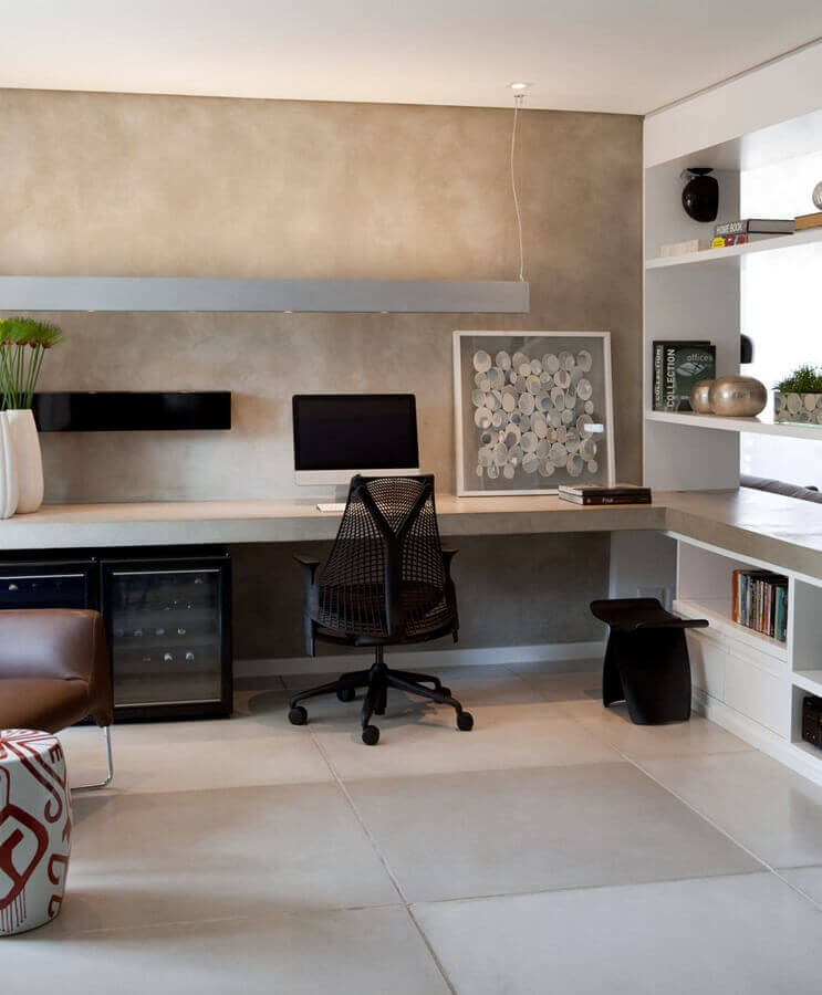 home office moderno decorado com cimento queimado e detalhes na cor preta Foto Ideias para Decorar