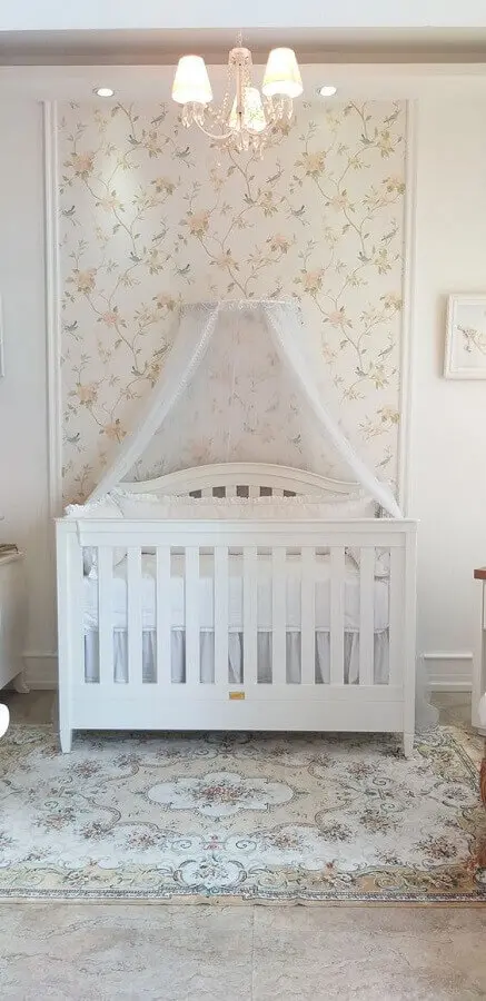 papel de parede floral para decoração de quarto de bebê branco Foto Puro Amor