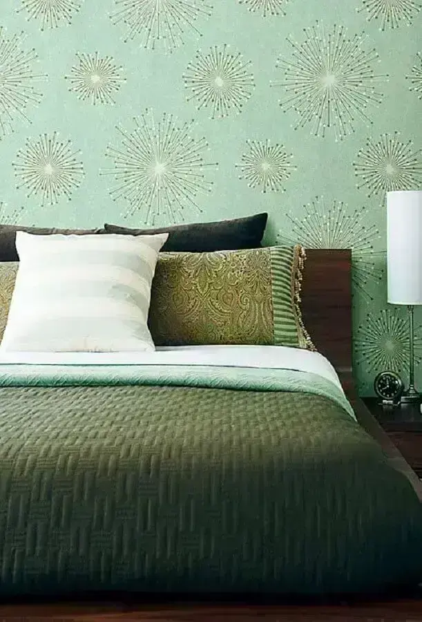 papel de parede verde para decoração de quarto de casal Foto Pinterest
