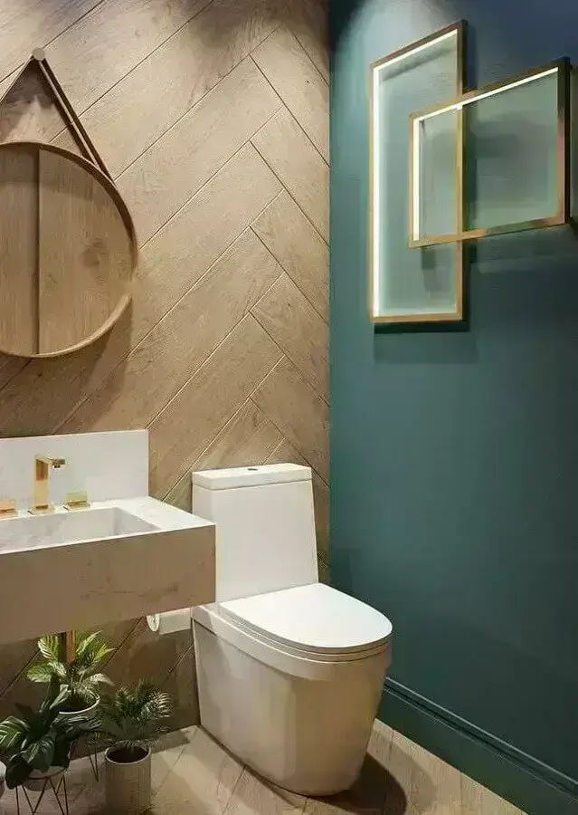 parede verde para decoração de banheiro com parede com revestimento de madeira Foto Pinterest