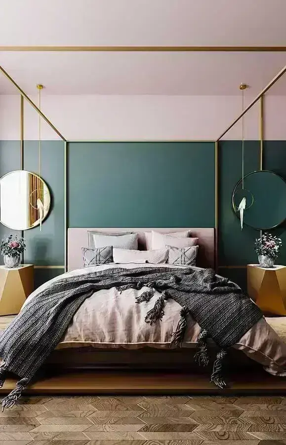 parede verde para decoração sofisticada de quarto com detalhes em dourado Foto Home Design Decor
