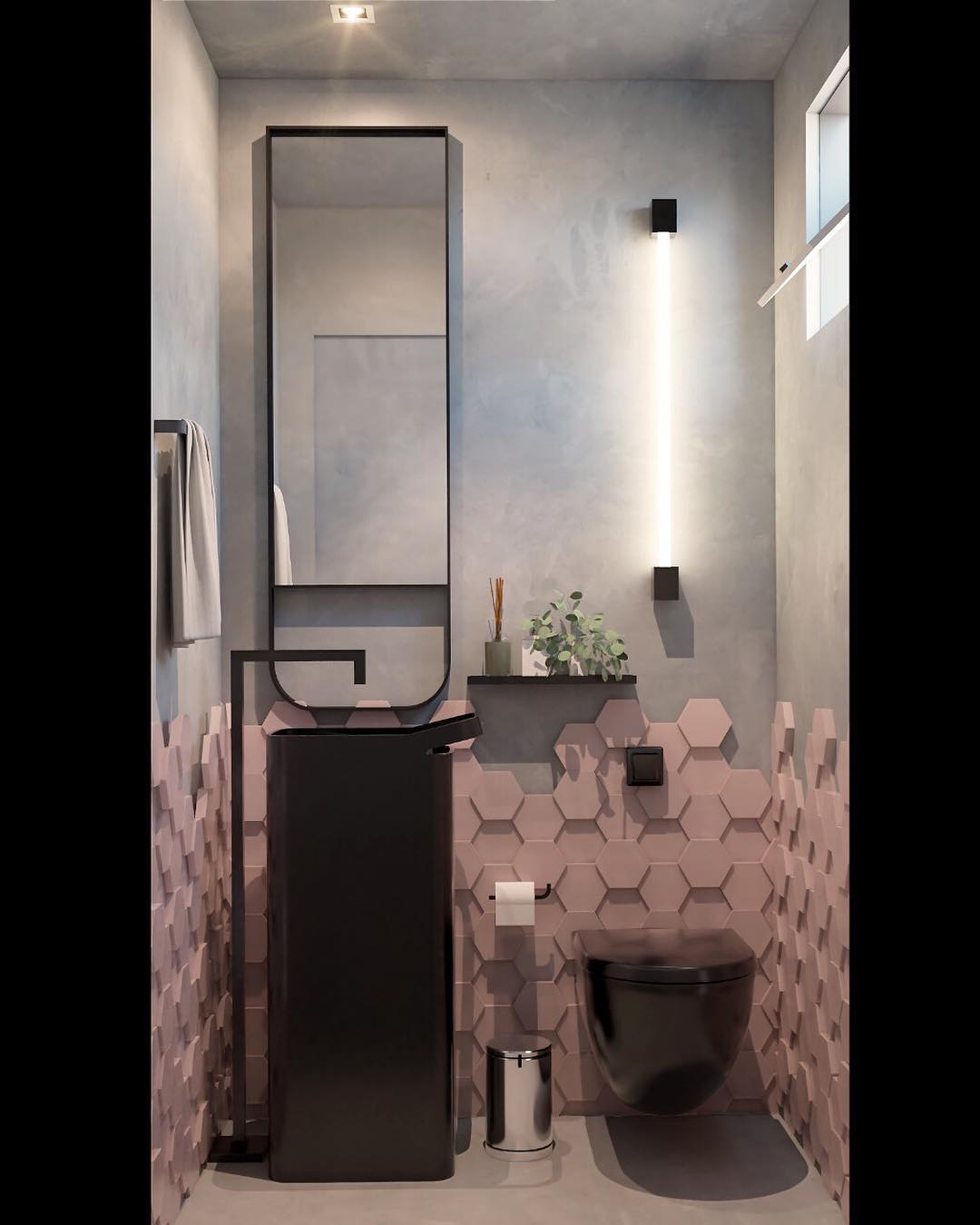 Banheiro rosa e cinza com revestimento 3d e cuba preta 