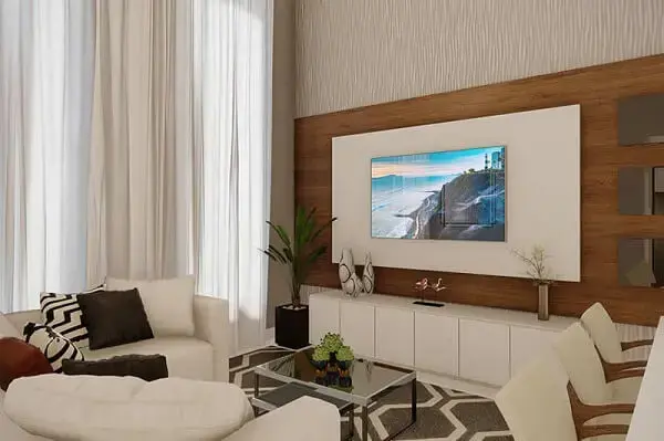 Sala de tv moderna com papel de parede e cortina até o chão