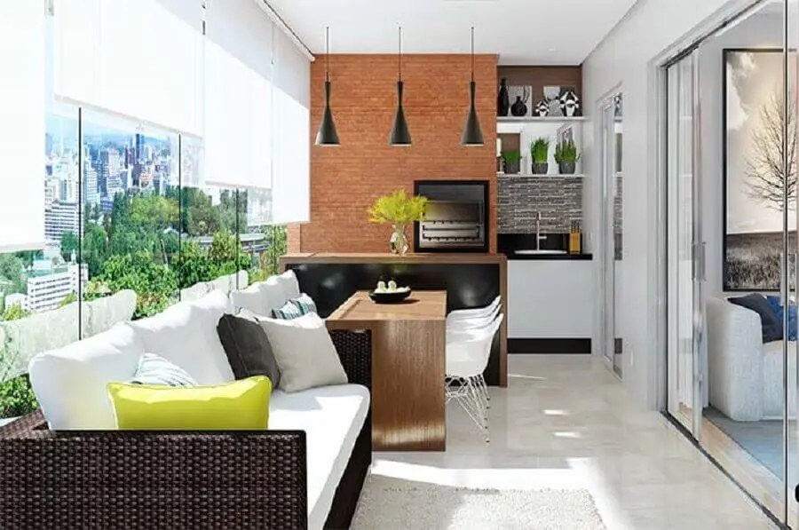 decoração de apartamento com área gourmet pequena com churrasqueira e bancada preta Foto Pinterest