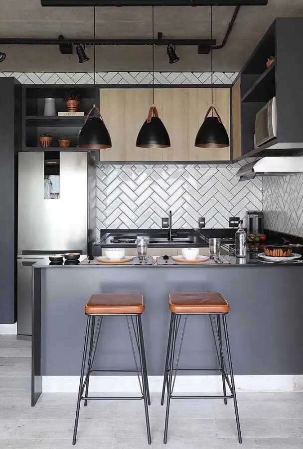 decoração moderna para cozinha americana pequena com banquetas sem enconsto Foto Home Decor Ideas