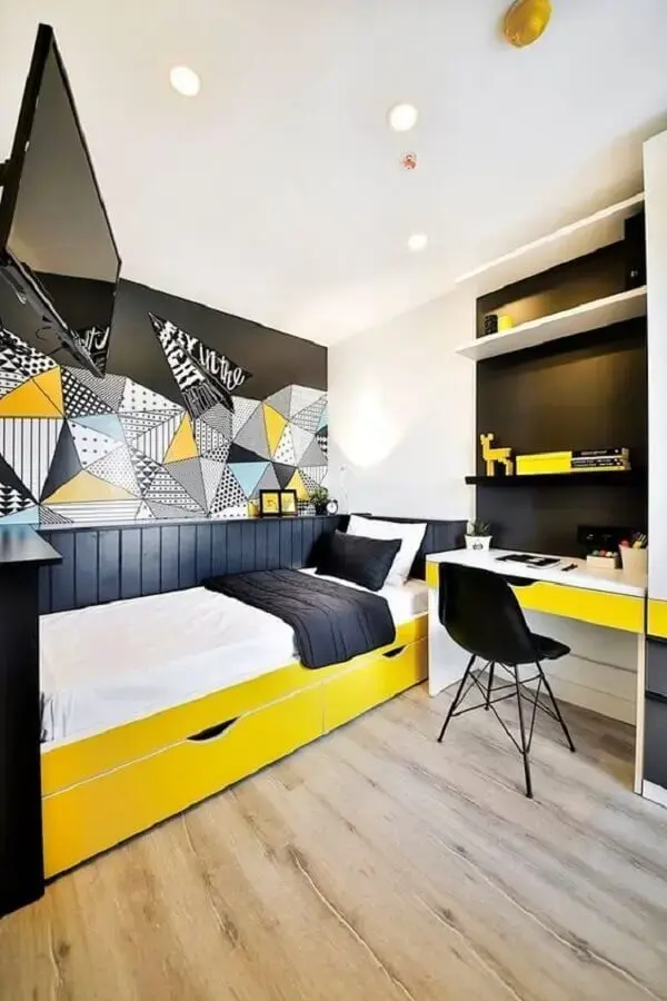 decoração moderna para quarto amarelo e preto planejado Foto Ideias Decor