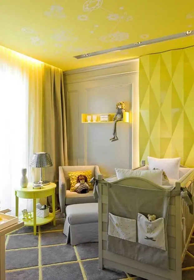 quarto de bebê amarelo moderno decorado com revestimento 3d Foto Ideias Decor