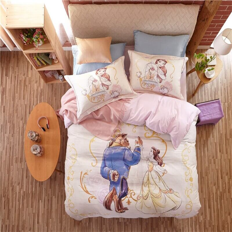 Modelo de jogo de cama infantil com desenho da Bela e Fera