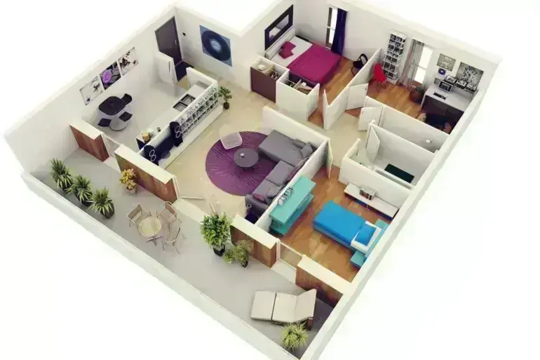 Planta de casa de apartamento com três quartos sendo um como home office. Fonte: Engineering Discoverires