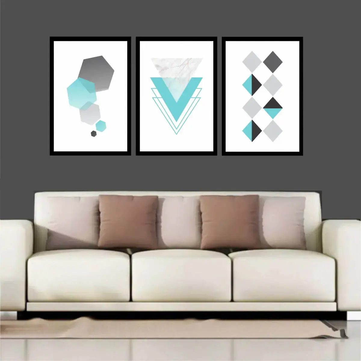 Sala de estar com quadros abstratos geométricos. Fonte: Elo7
