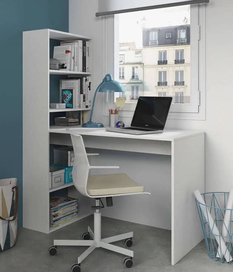 decoração com escrivaninha branca com estante pequena Foto Furniture Factor