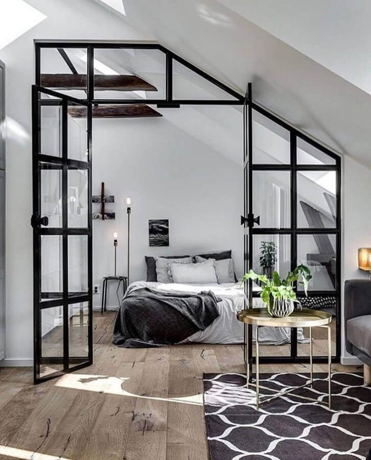 decoração com estilo escandinavo para quarto com porta francesa de vidro e alumínio Foto Pinterest