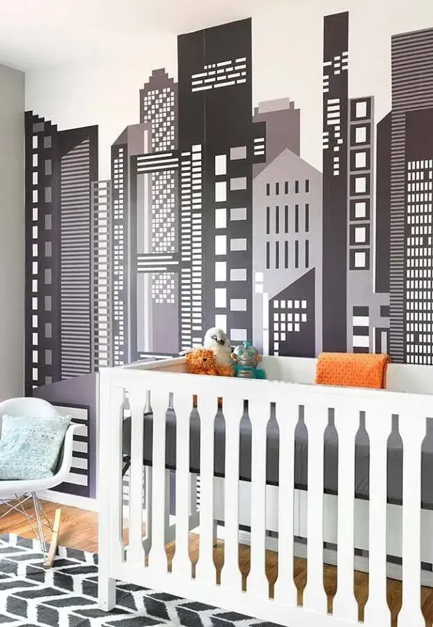 decoração com papel de parede para quarto de bebê com desenho de prédios Foto Ideias Decor