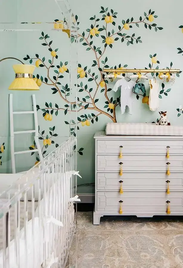 decoração com papel de parede para quarto de bebê verde e branco Foto Ideias Decor