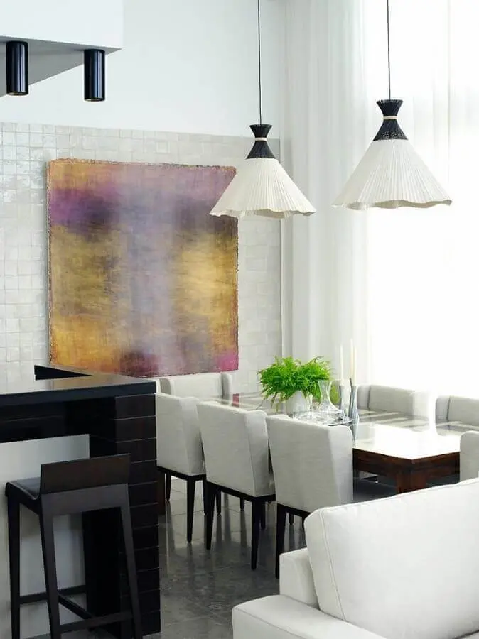 decoração com quadro abstrato moderno para sala de jantar branca e cinza Foto Pinterest