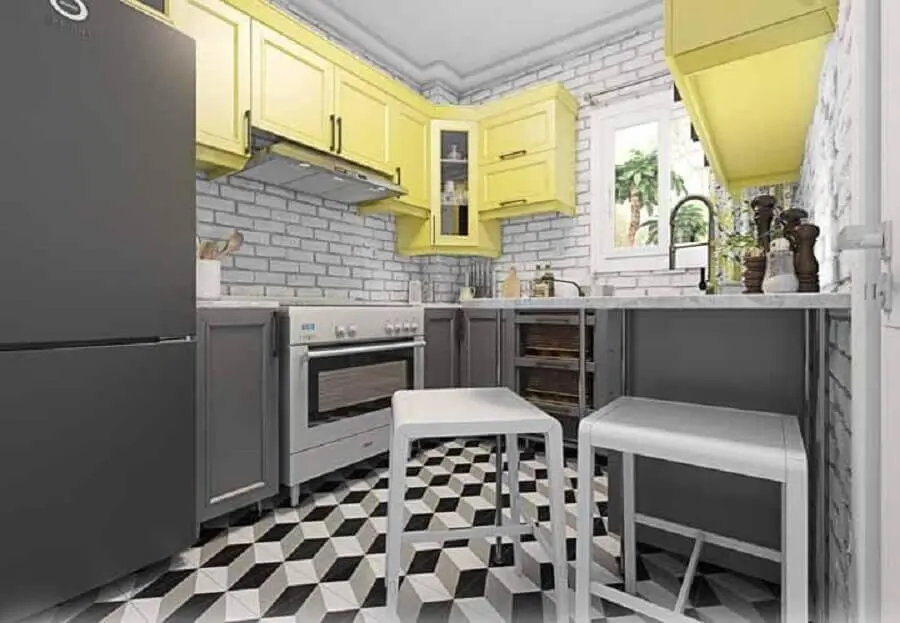 decoração cozinha modulada cinza e amarela Foto Webcomunica