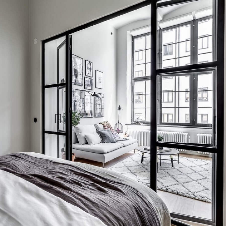 decoração de sala e quarto com porta francesa de vidro e alumínio Foto Pinterest