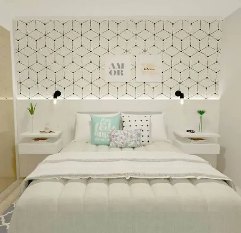 decoração minimalista para quarto com papel de parede branco e preto Foto Pinterest
