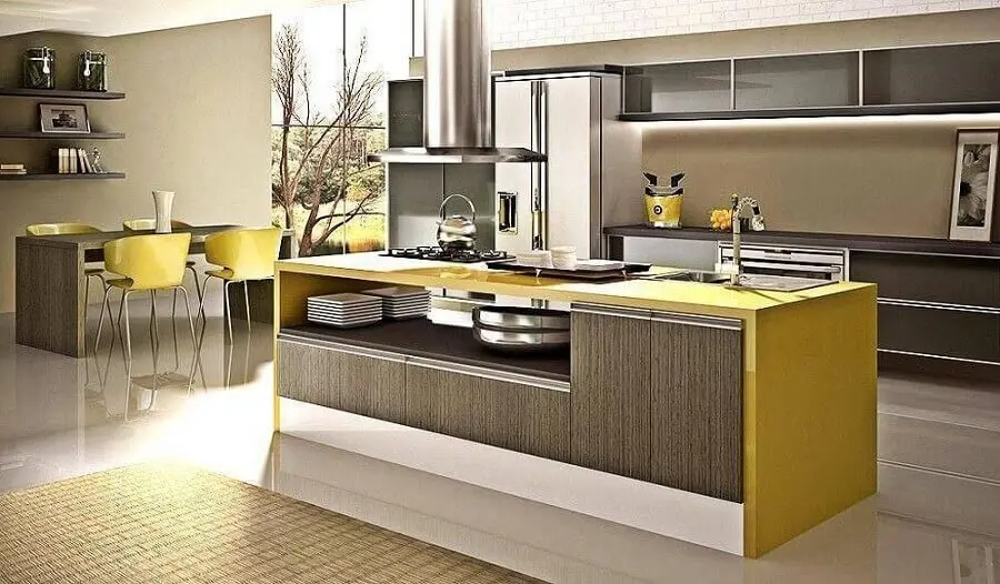 decoração moderna para cozinha modulada com ilha amarela Foto Webcomunica