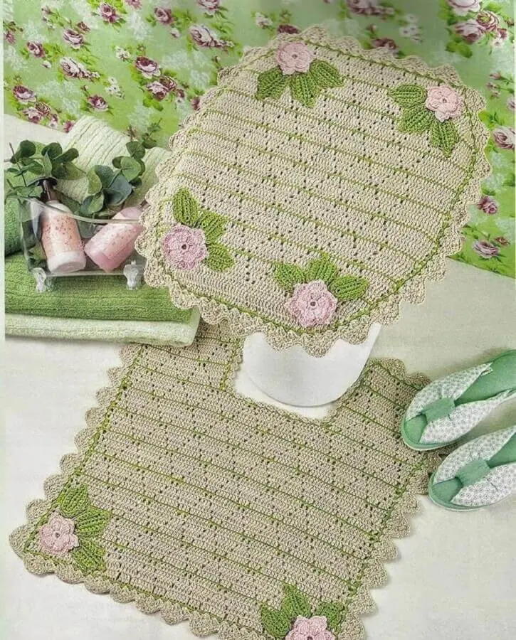 modelo de jogo de banheiro de crochê verde com flores Foto Pinterest