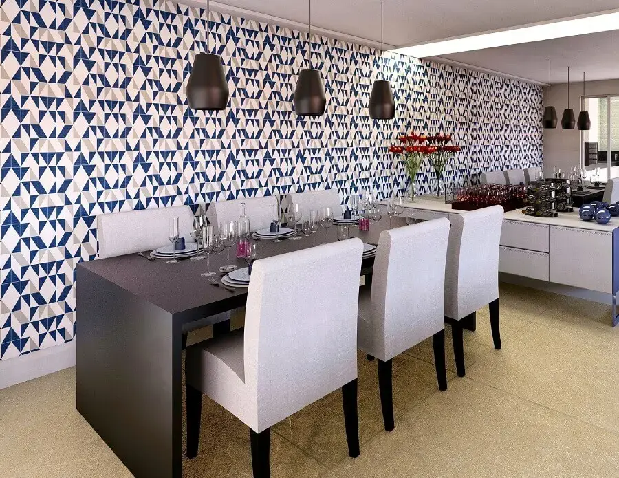 papel de parede azul e branco para decoração de sala de jantar moderna Foto Lais Rosa
